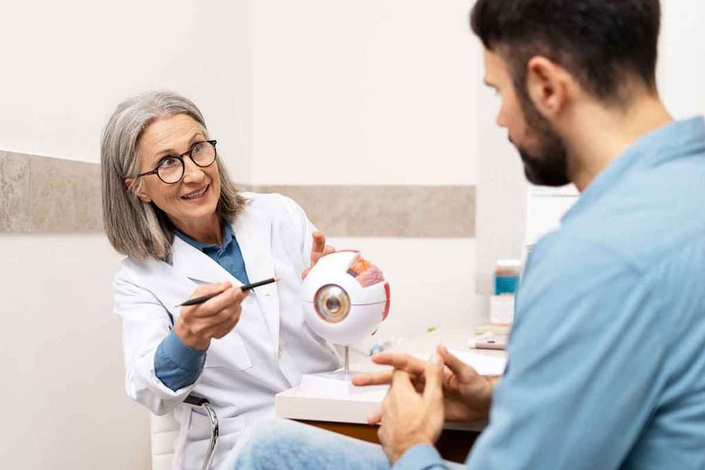Female ophthalmologist explaining eye anatomy to patient